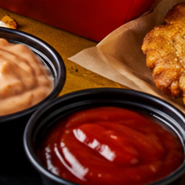 Close-up of a cup of deep red hot sauce