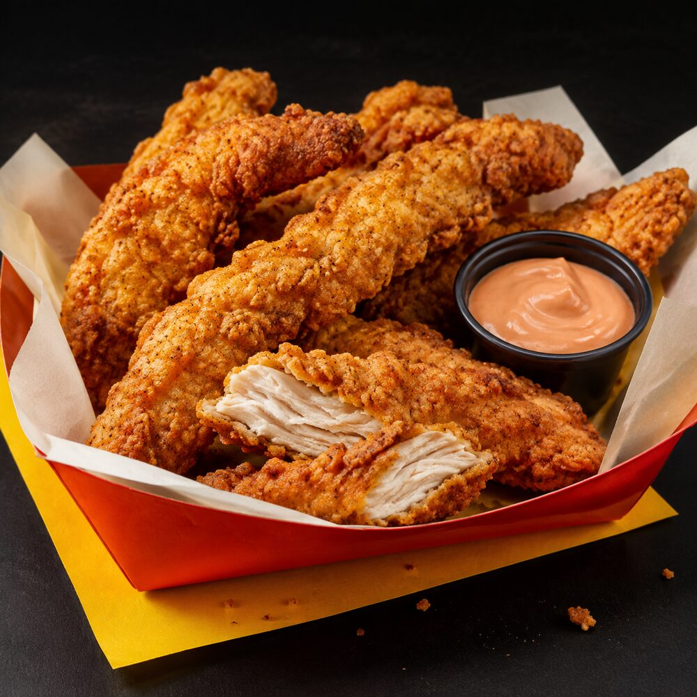Red basket of crispy chicken strips with a cup of pink sauce