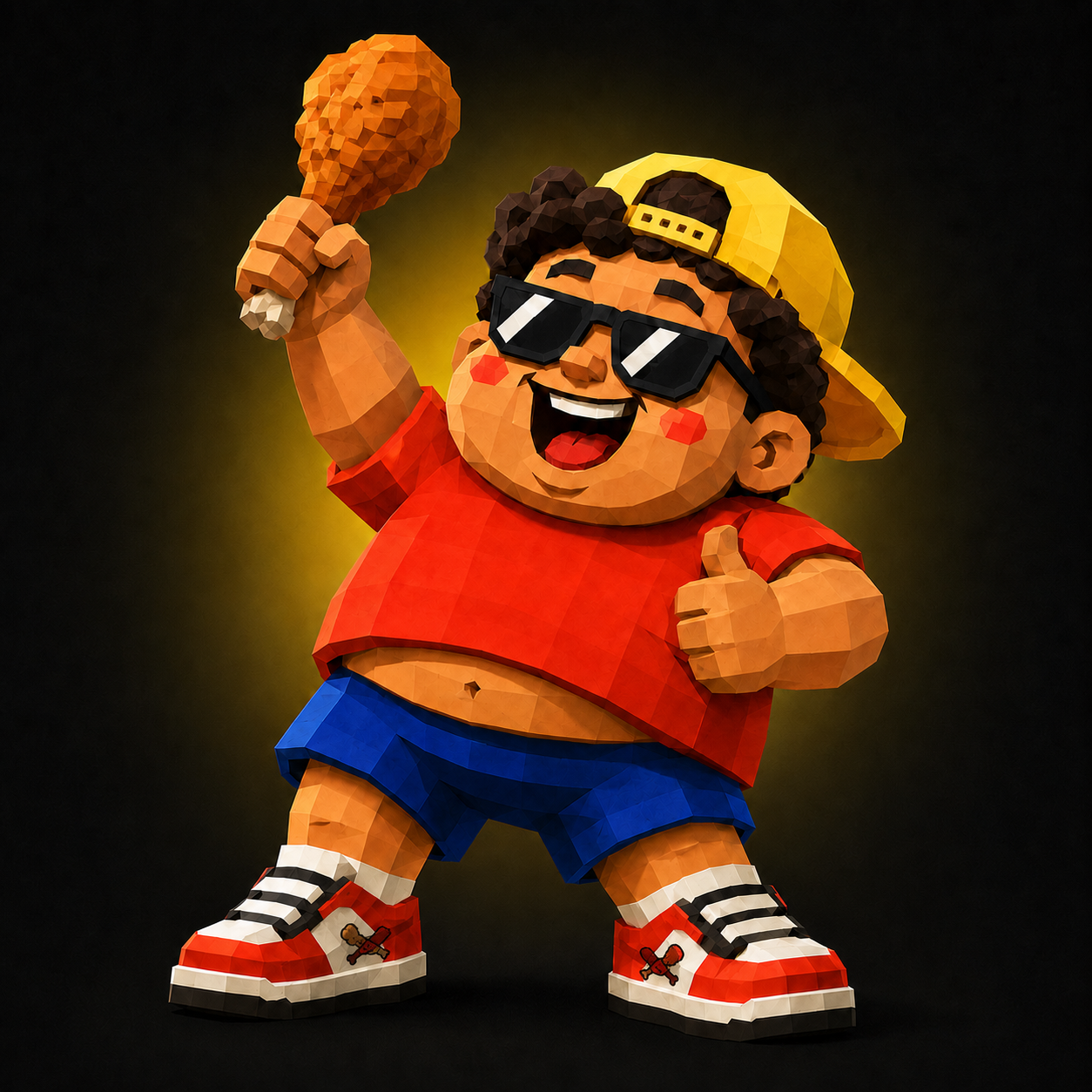 Gordito Frito mascot holding a drumstick