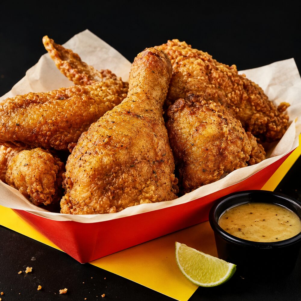 Basket of bone-in Dominican pica pollo with a cup of wasakaka and a lime wedge